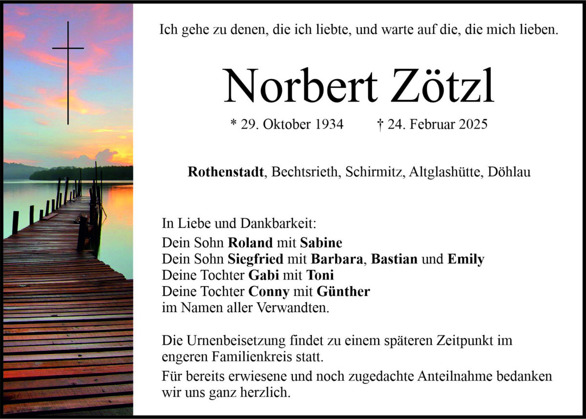Traueranzeige Norbert Zötzl, Rothenstadt