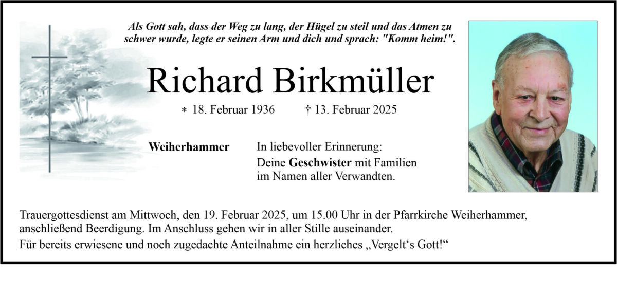 Traueranzeige Richard Birkmüller, Weiherhammer