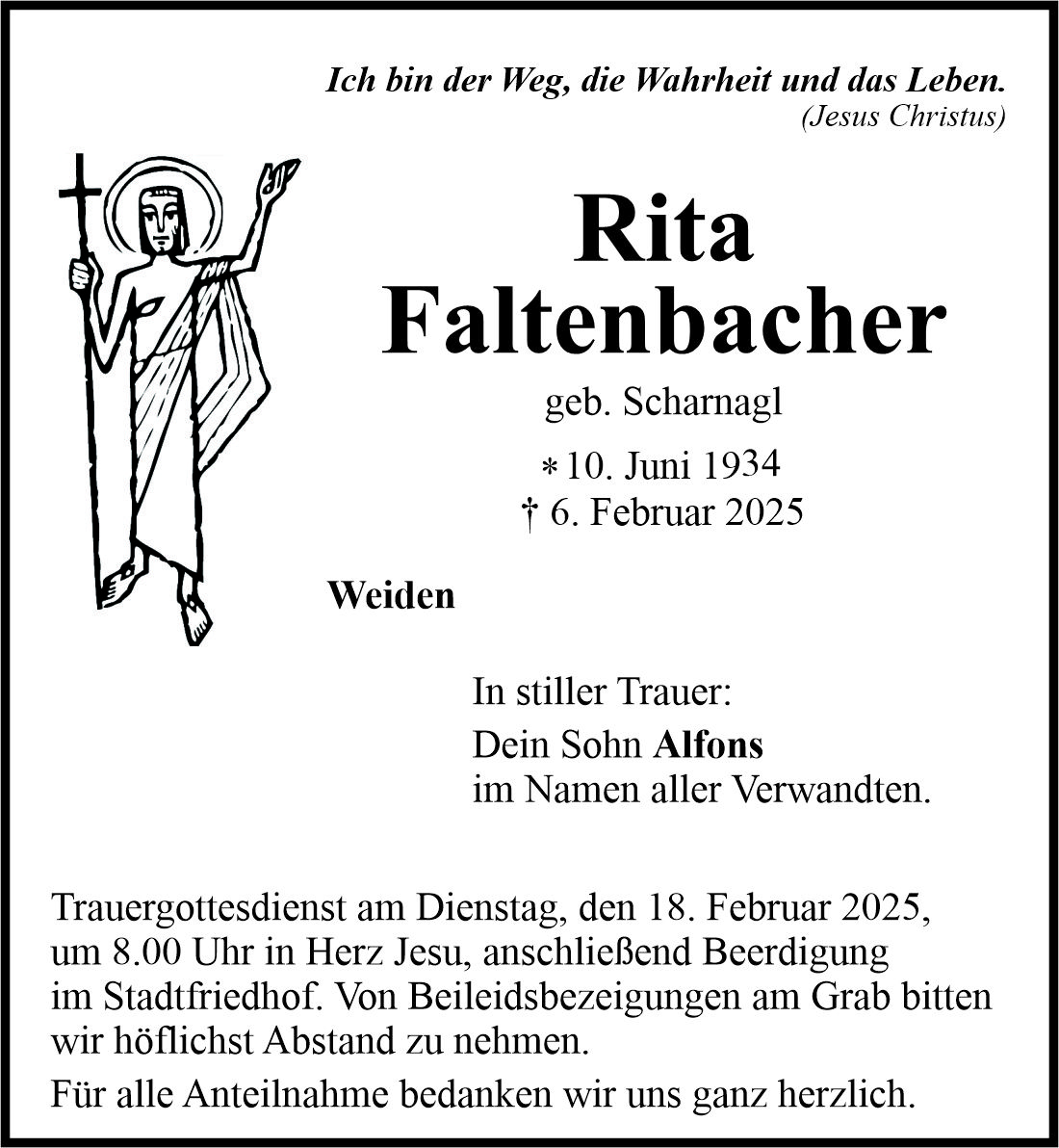 Traueranzeige Rita Faltenbacher, Weiden