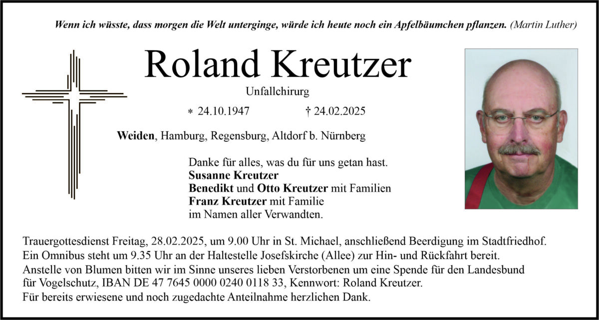 Traueranzeige Roland Kreutzer, Weiden