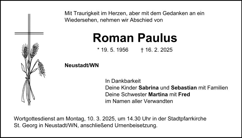 Traueranzeige Roman Paulus, Neustadt/WN.