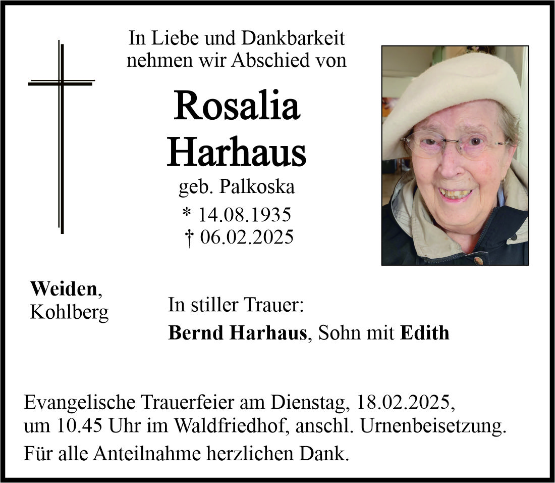 Traueranzeige Rosalia Harhaus, Weiden