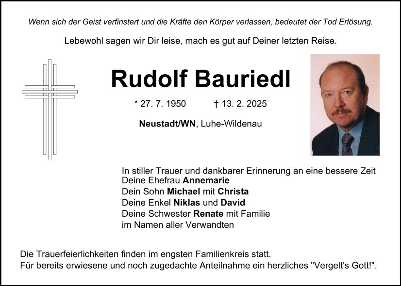 Traueranzeige Rudolf Bauriedl, Neustadt/WN