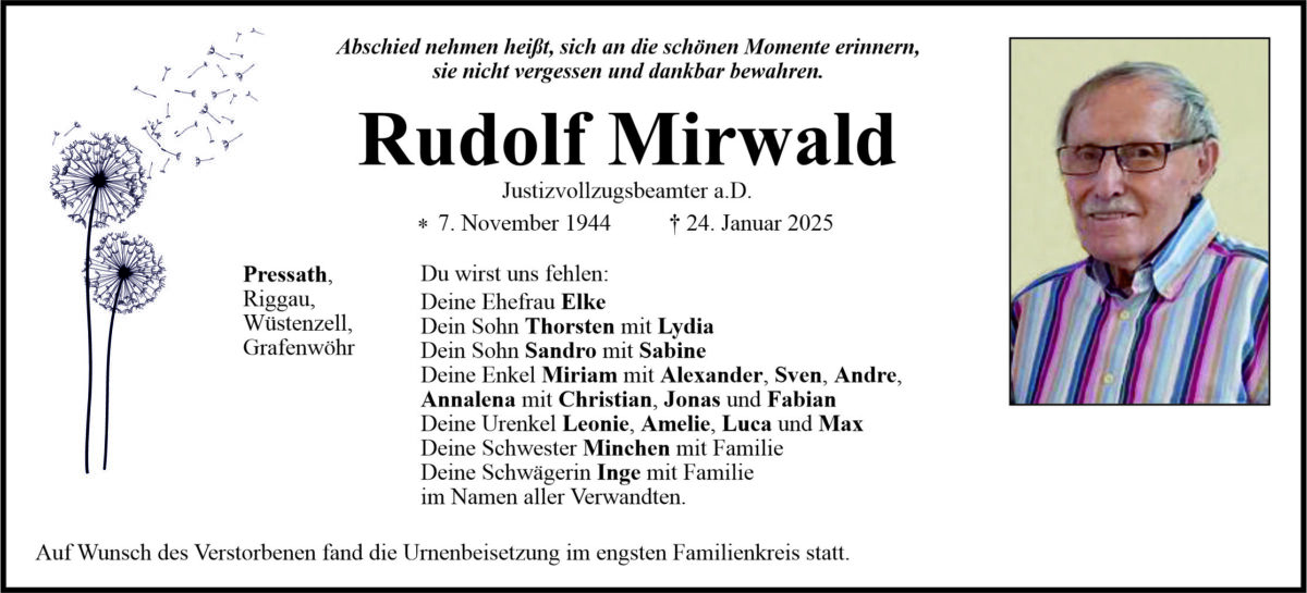 Traueranzeige Rudolf Mirwald, Pressath