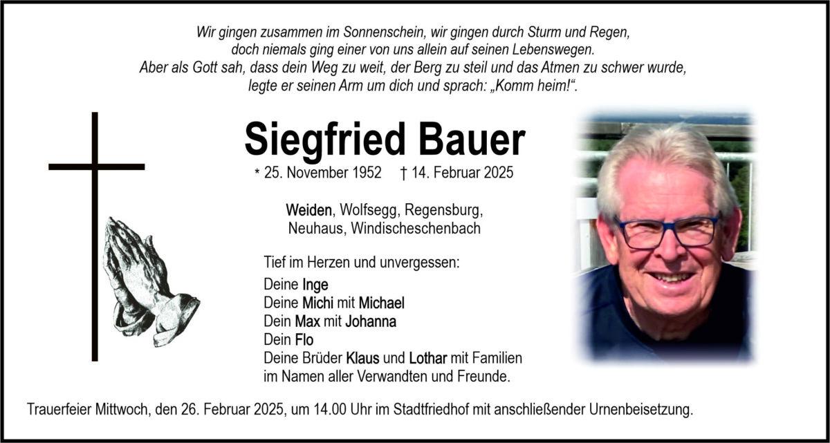 Traueranzeige Siegfried Bauer, Weiden