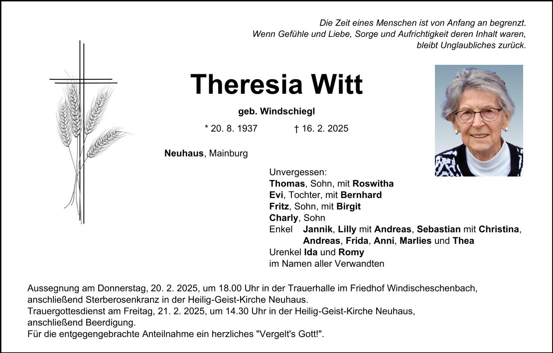 Traueranzeige Theresia Witt, Neuhaus