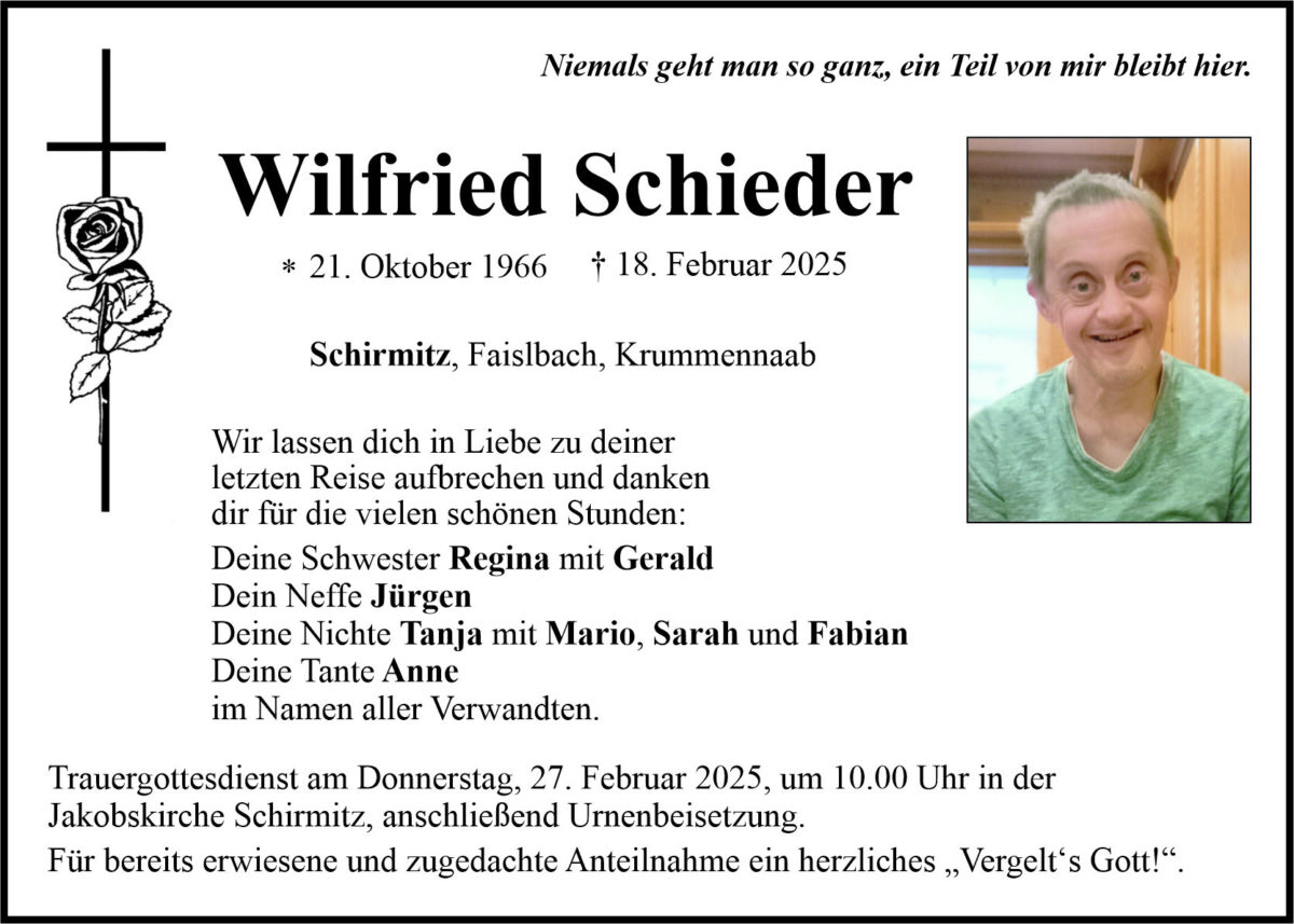 Traueranzeige Wilfried Schieder, Schirmitz