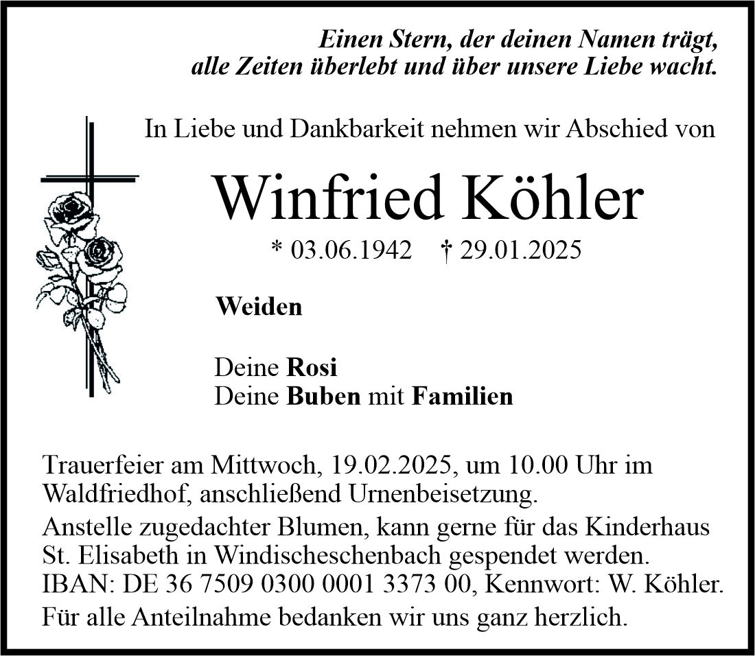 Traueranzeige Winfried Köhler, Weiden