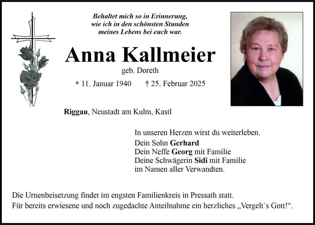 Traueranzeige Anna Kallmeier, Riggau