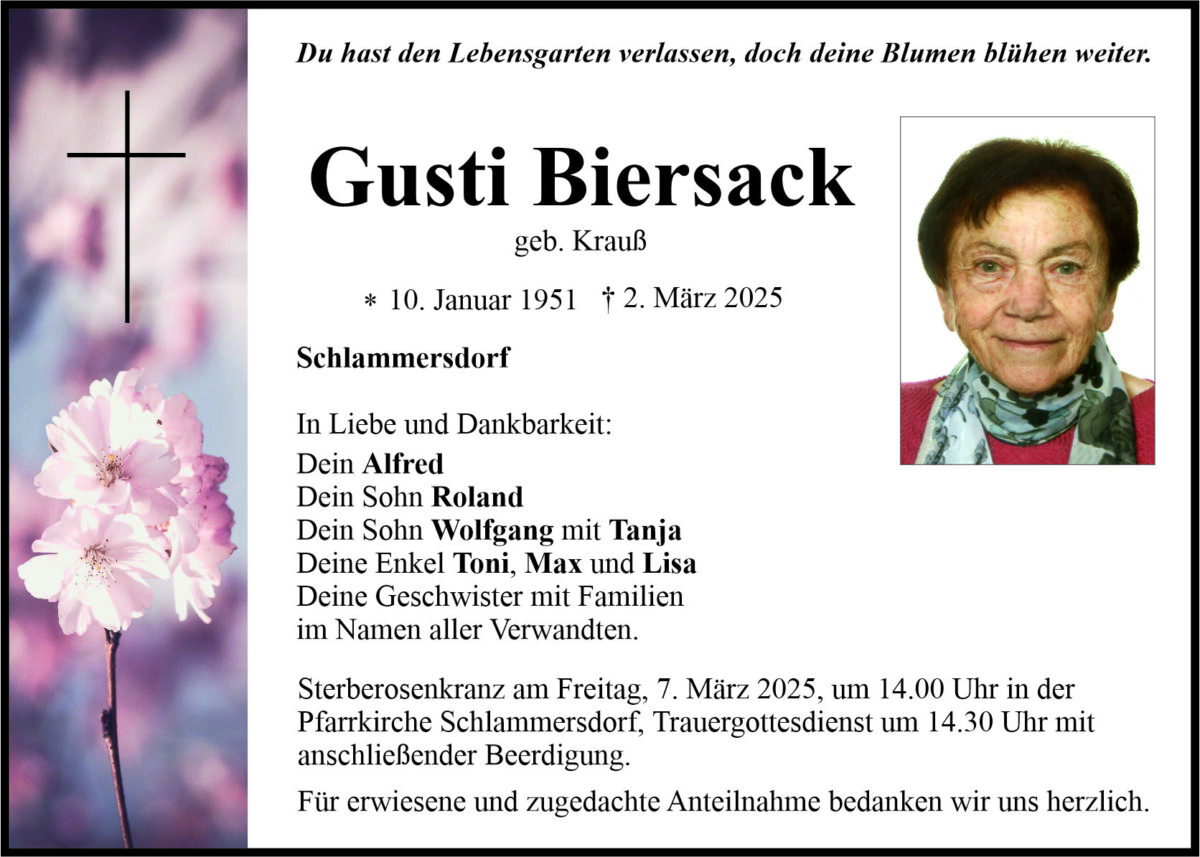 Traueranzeige Gusti Biersack, Schlammersdorf