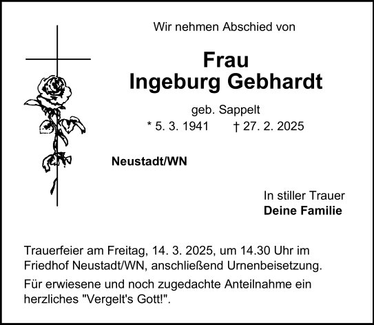 Traueranzeige Ingeburg Gebhardt, Neustadt/WN