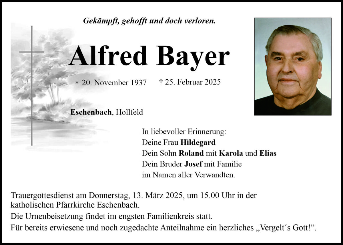 Traueranzeige Alfred Bayer, Eschenbach