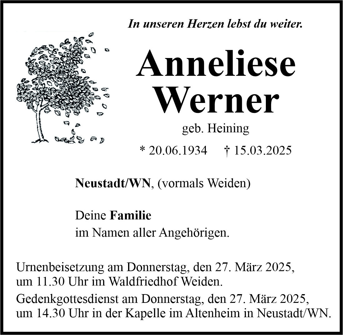 Traueranzeige Anneliese Werner, Neustadt/WN