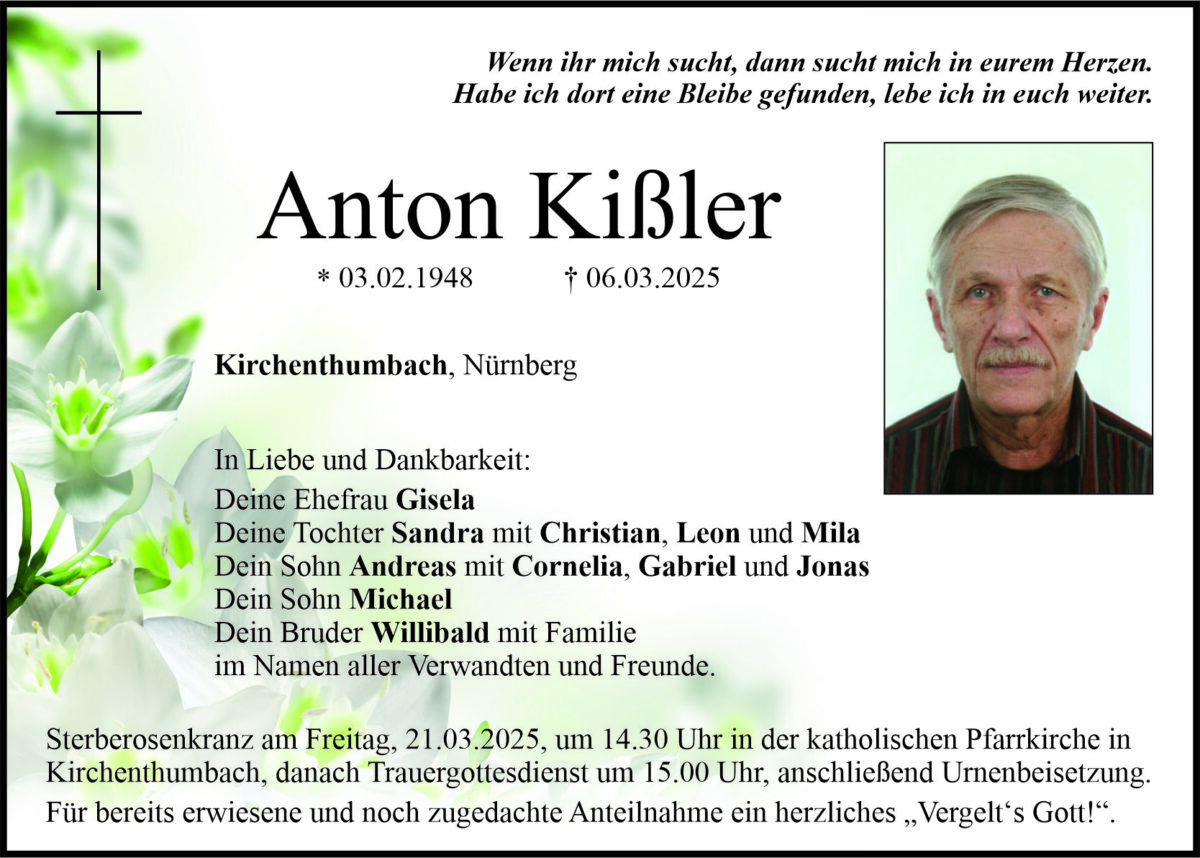 Traueranzeige Anton Ki&amp;#xDF;ler, Kirchenthumbach