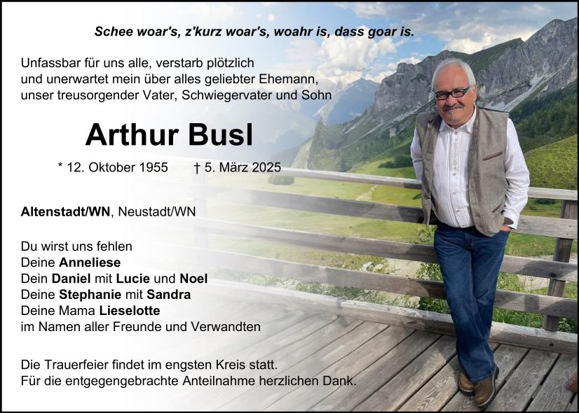 Traueranzeige Arthur Busl, Altenstadt/WN