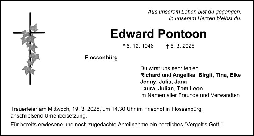 Traueranzeige Edward Pontoon, Flossenb&amp;#252;rg