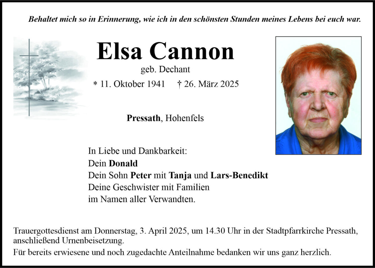Traueranzeige Elsa Cannon, Pressath