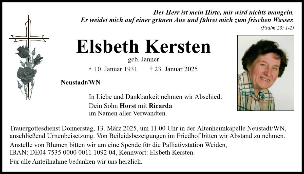 Traueranzeige Elsbeth Kersten, Neustadt/WN