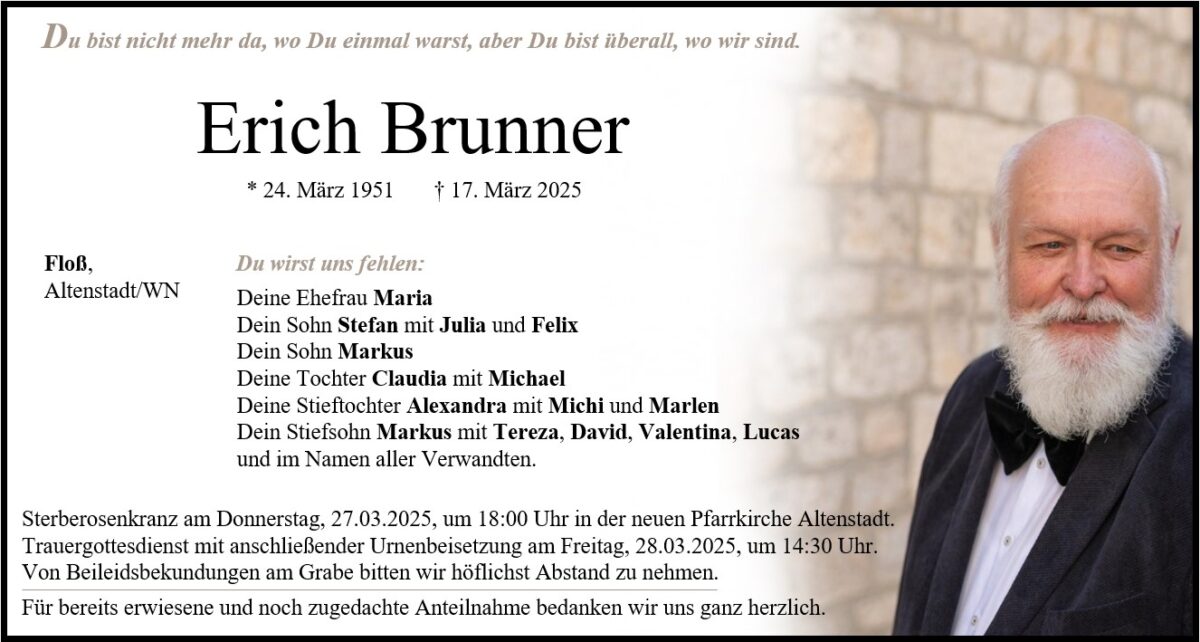 Traueranzeige Erich Brunner, Altenstadt/WN