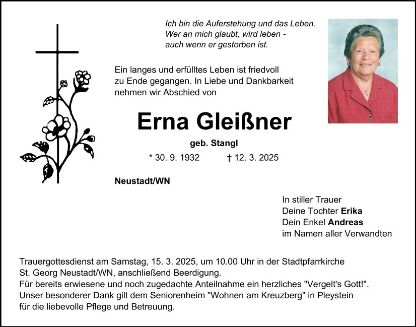 Traueranzeige Erna Glei&amp;#223;ner, Neustadt/WN