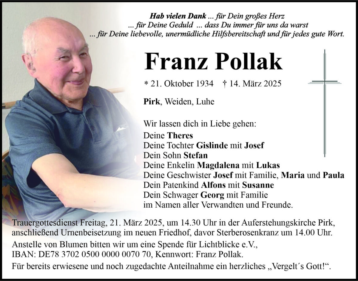 Traueranzeige Franz Pollak, Pirk