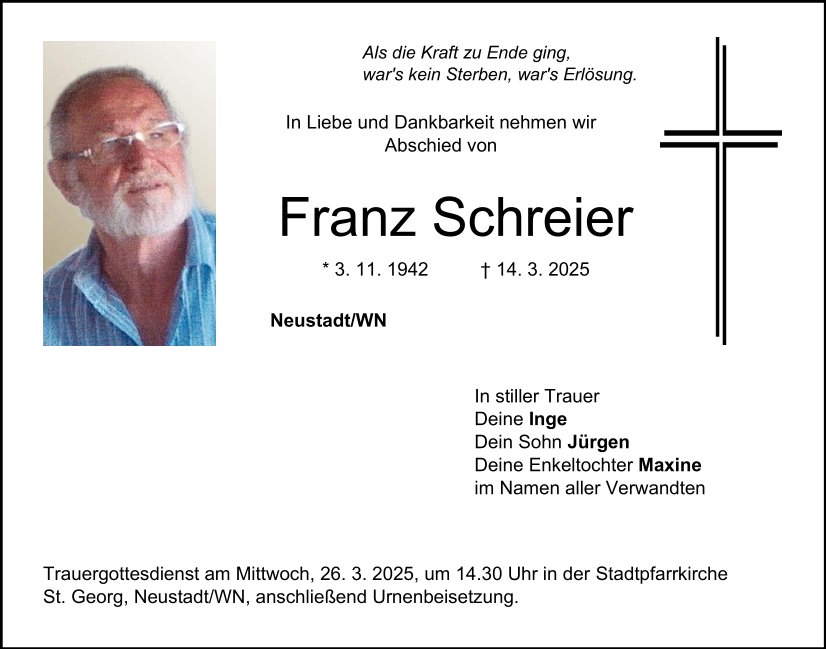 Traueranzeige Franz Schreier, Neustadt/WN