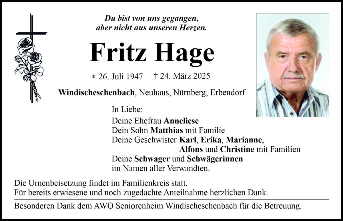 Traueranzeige Fritz Hage, Windischeschenbach
