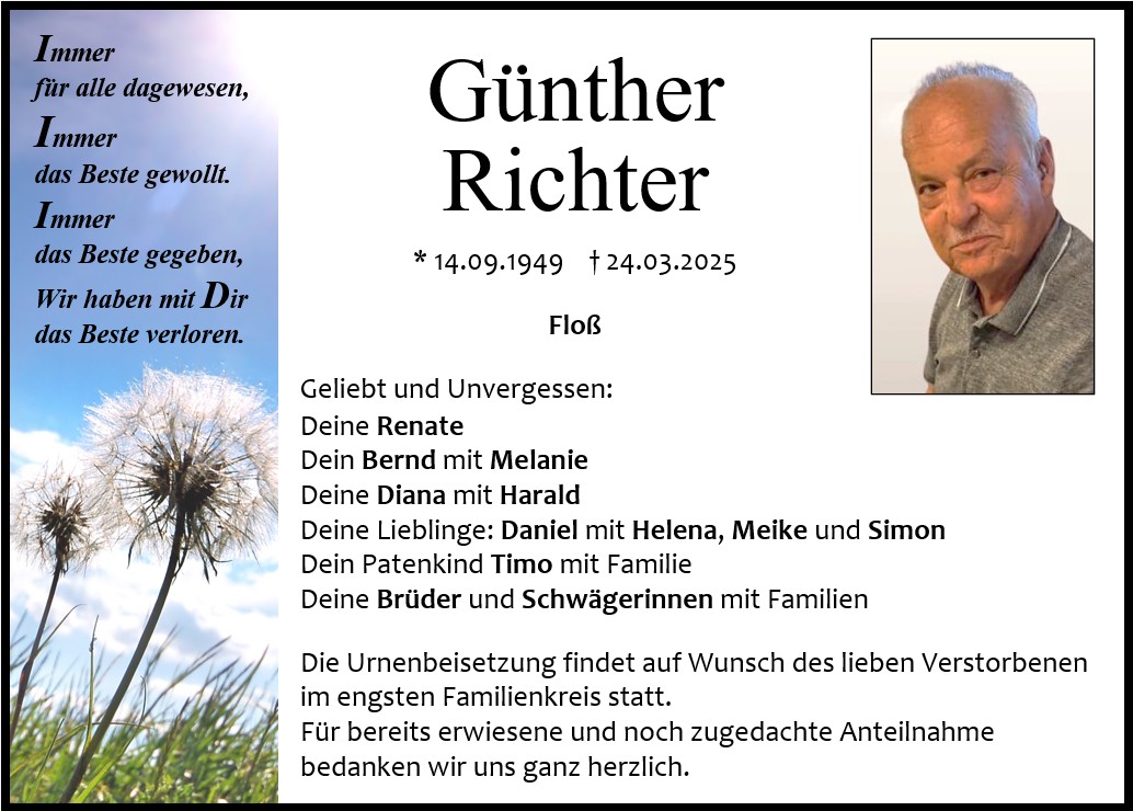Traueranzeige G&amp;#252;nther Richter, Flo&amp;#223;