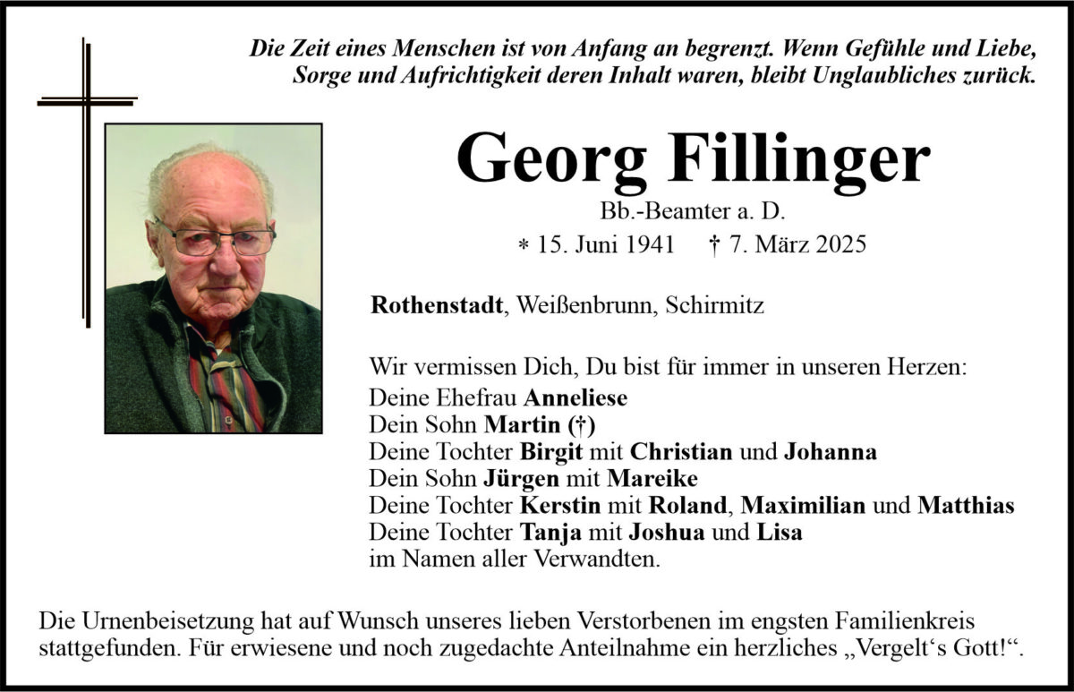 Traueranzeige Georg Fillinger, Rothenstadt