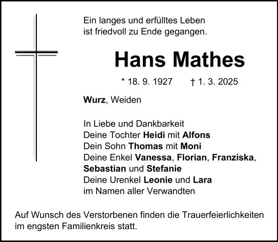 Traueranzeige Hans Mathes, Wurz.