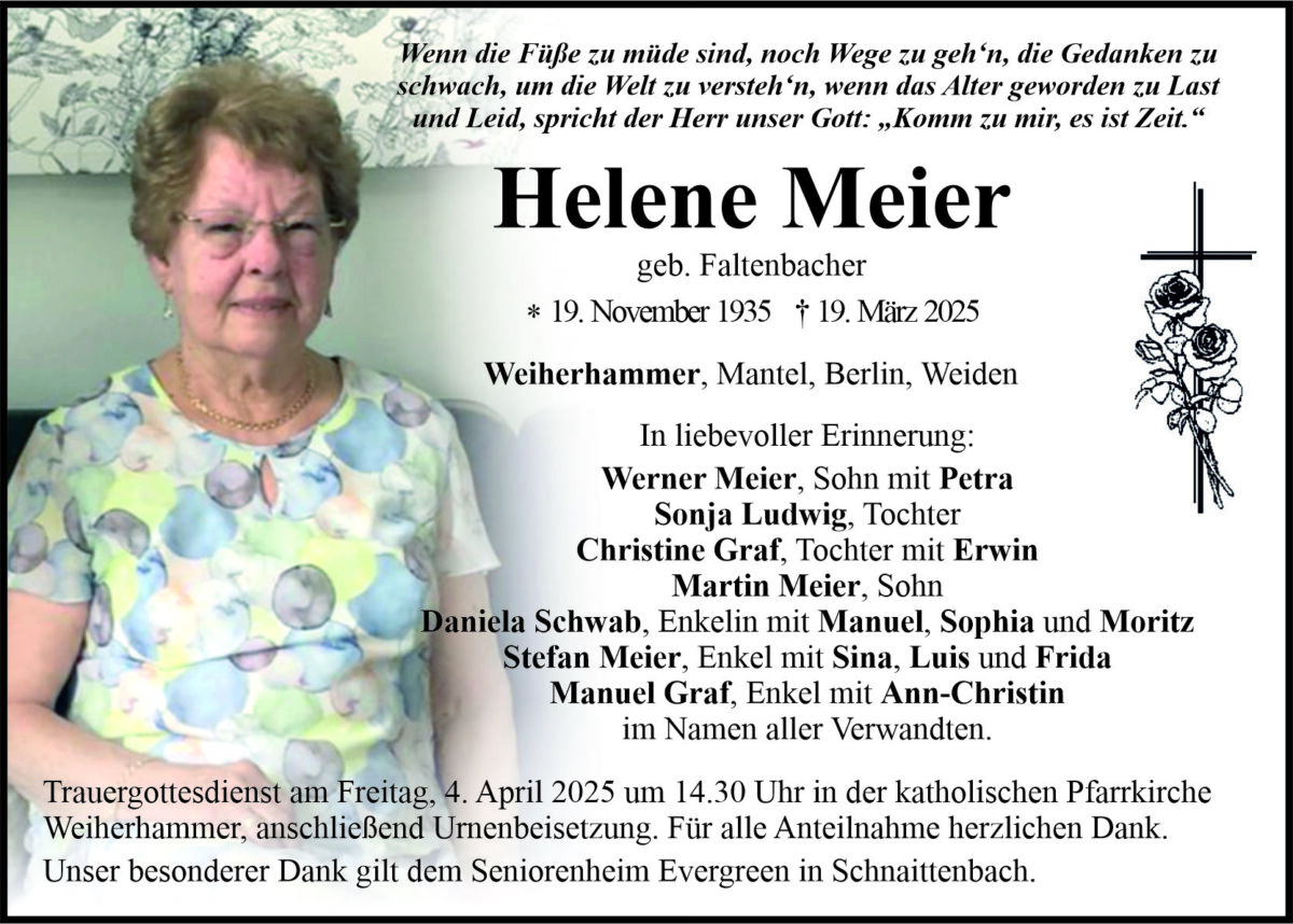 Traueranzeige Helene Meier, Weiherhammer