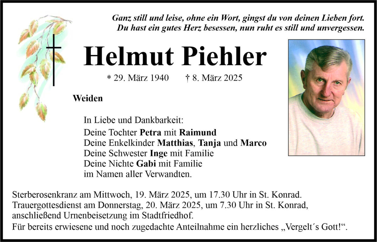 Traueranzeige Helmut Piehler, Weiden