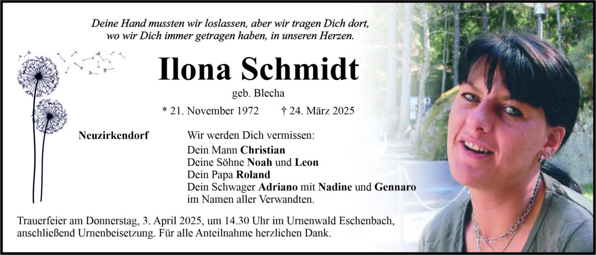 Traueranzeige Ilona Schmidt, Neuzirkendorf