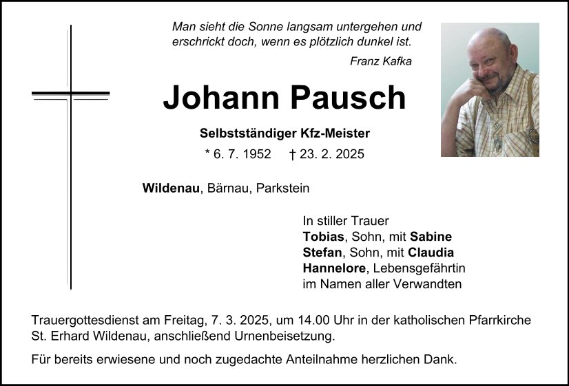 Traueranzeige Johann Pausch, Wildenau