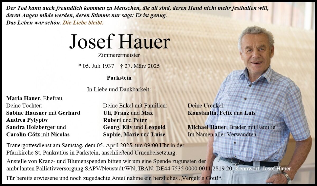 Traueranzeige Josef Hauer, Parkstein