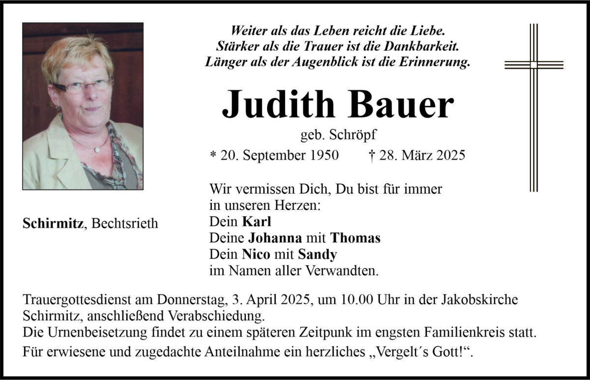 Traueranzeige Judith Bauer, Schirmitz