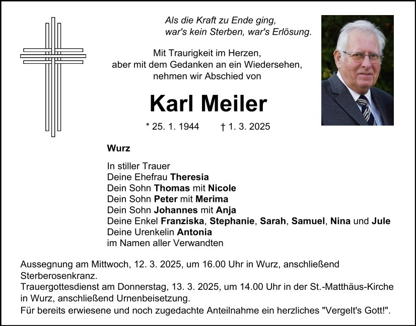 Traueranzeige Karl Meiler, Wurz