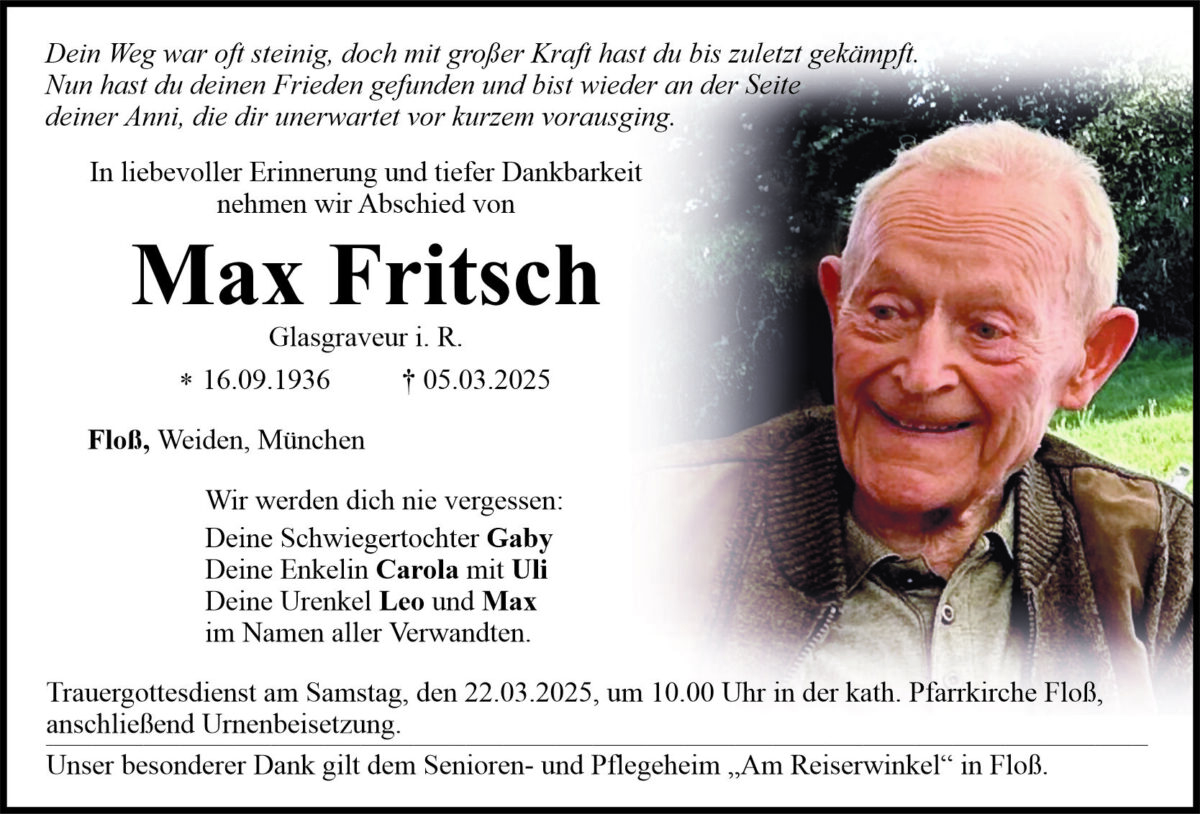 Traueranzeige Max Fritsch, Flo&amp;#223;