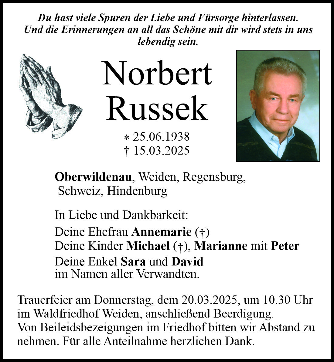Traueranzeige Norbert Russek, Oberwildenau