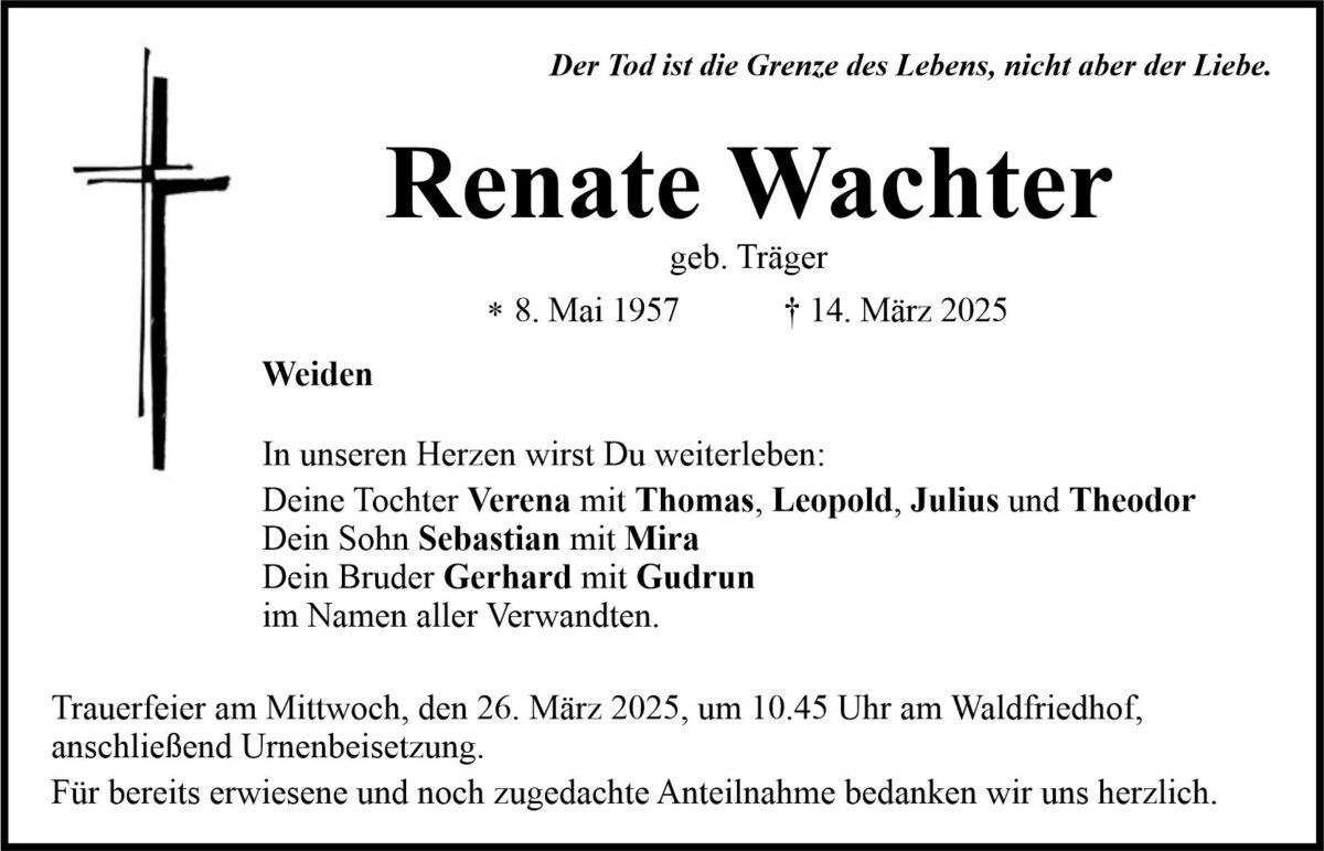 Traueranzeige Renate Wachter, Weiden