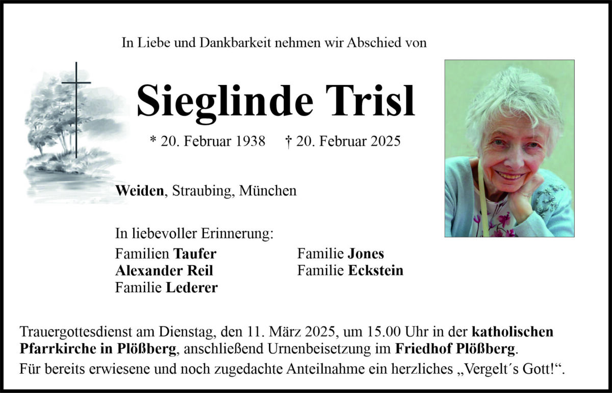 Traueranzeige Sieglinde Trisl, Weiden, Plößberg