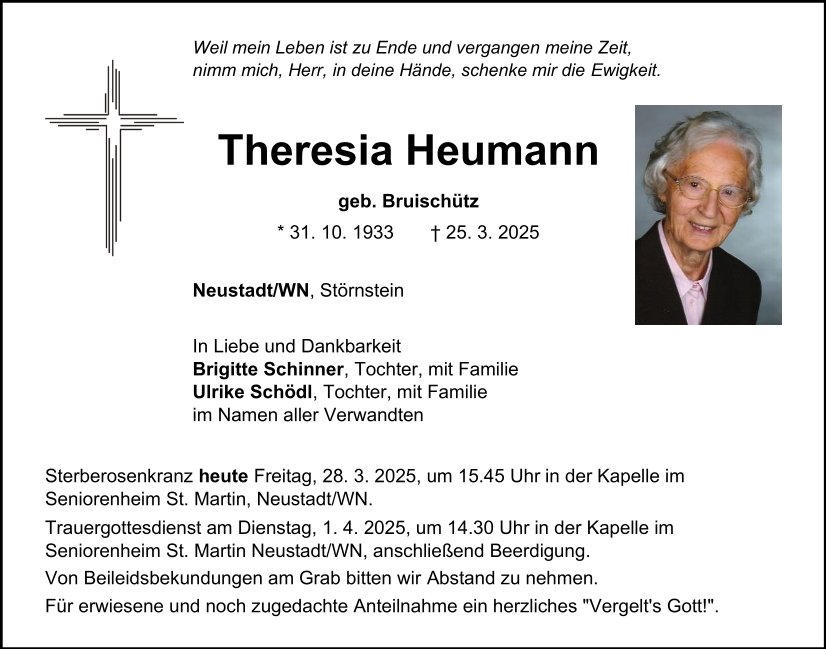 Traueranzeige Theresia Heumann, Neustadt/WN.