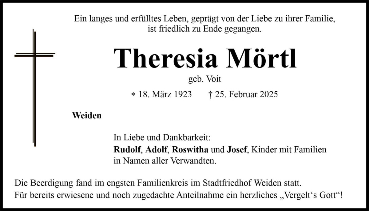 Traueranzeige Theresia Mörtl, Weiden