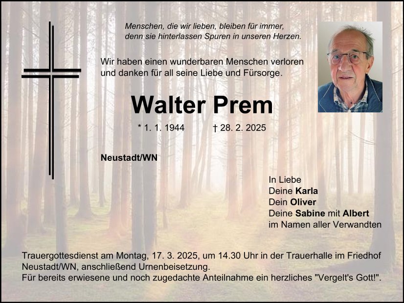 Traueranzeige Walter Prem, Neustadt/WN