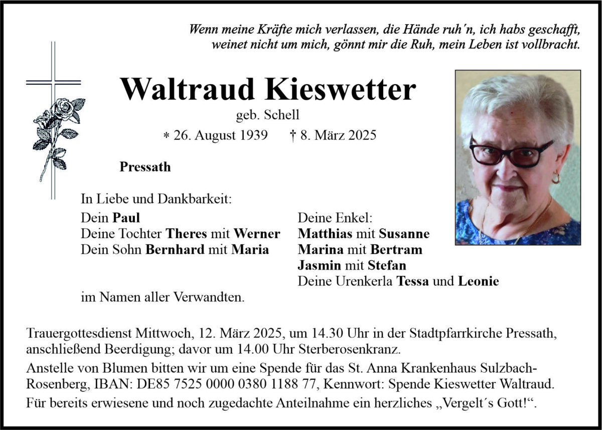 Traueranzeige Waltraud Kieswetter, Pressath