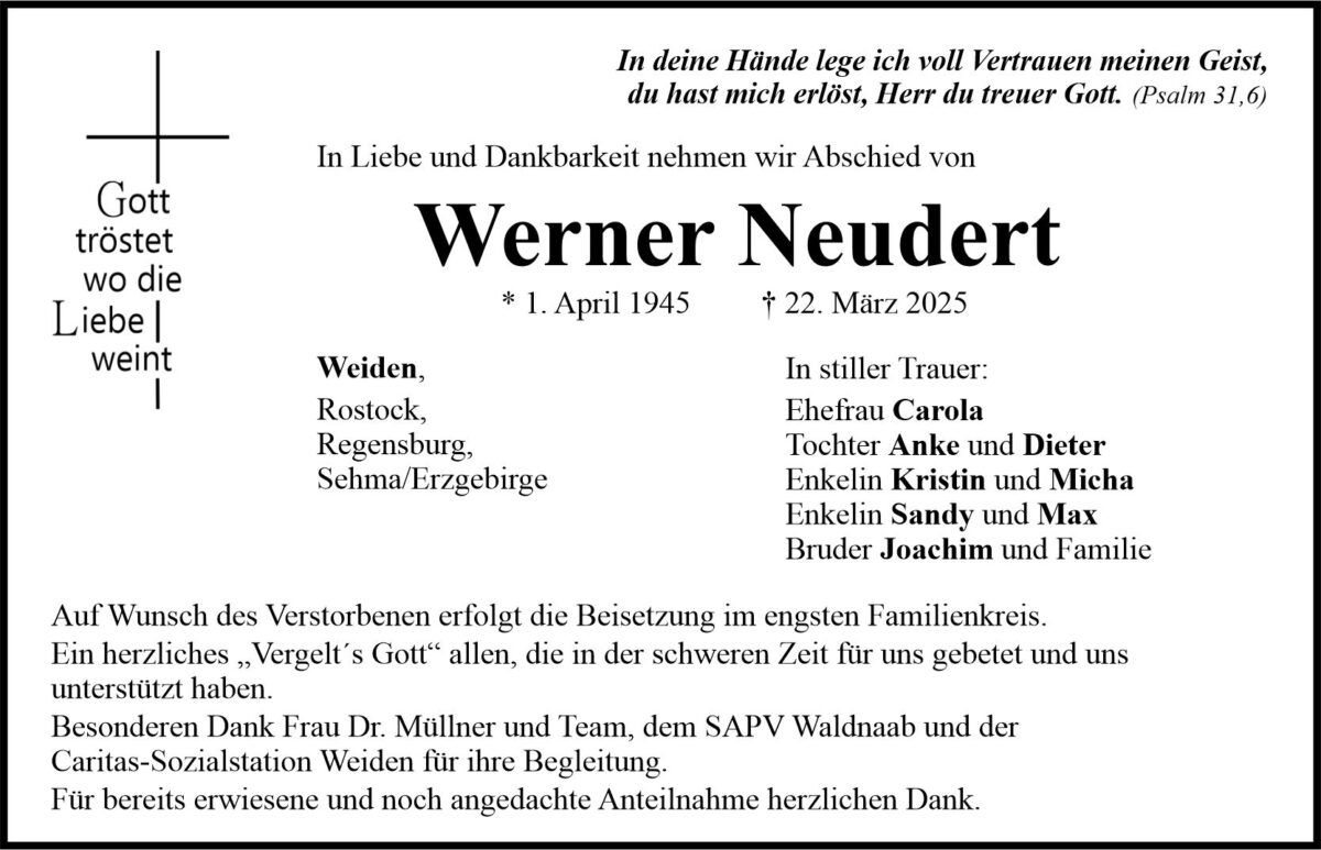 Traueranzeige Werner Neudert, Weiden