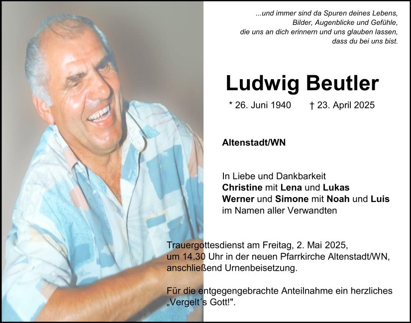 Traueranzeige Ludwig Beutler, Altenstadt/WN