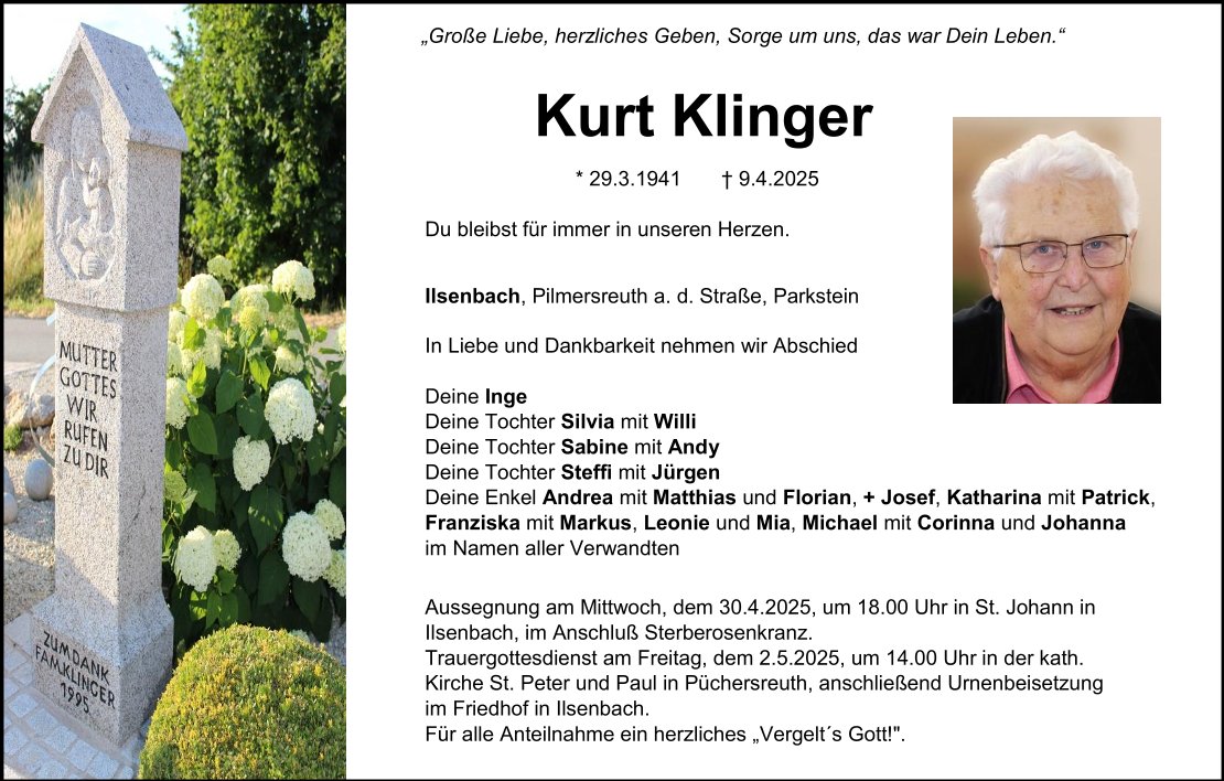 Traueranzeige Kurt Klinger, Ilsenbach