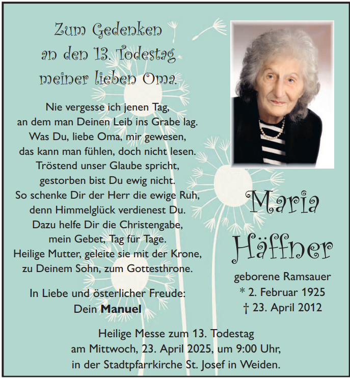 Memoriums-Anzeige Maria H&amp;auml;ffner, Weiden