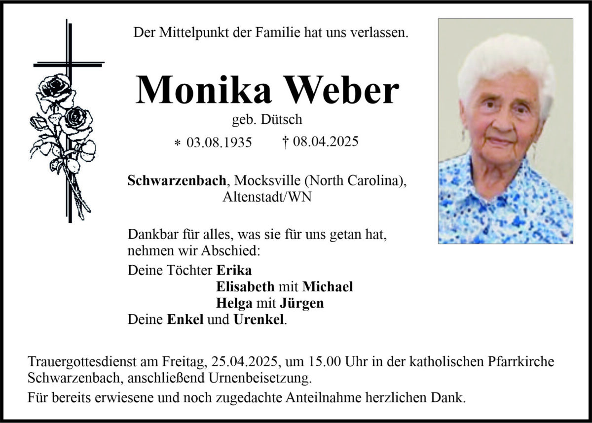 Traueranzeige Monika Weber, Schwarzenbach